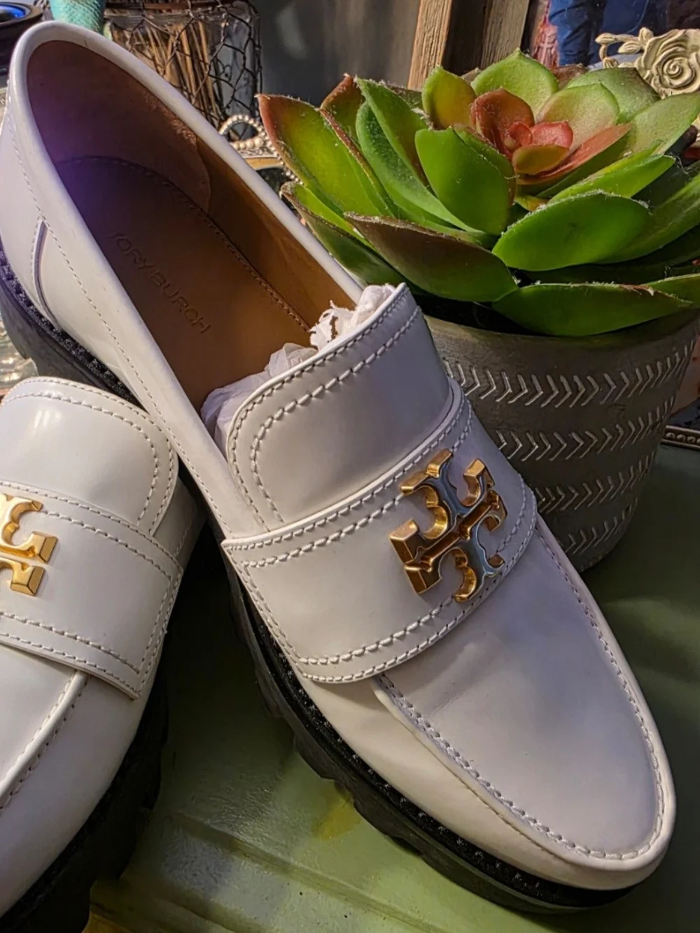 Tory Burch White Women's Leather Chunky Loafers with Gold Emblem 6